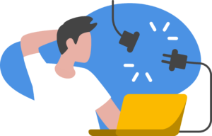Illustration einer Person am Laptop mit unterbrochenem Stromanschluss.